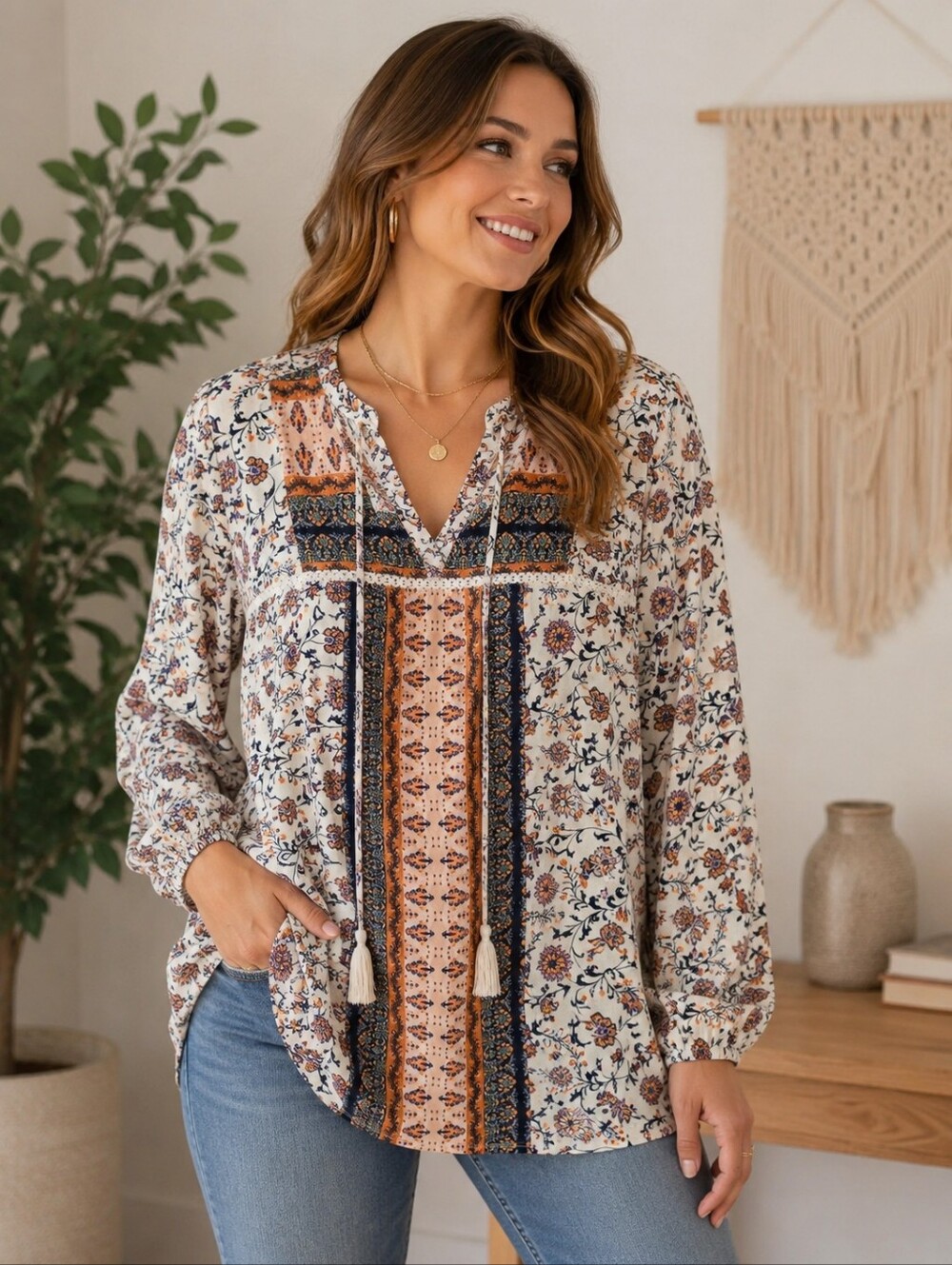 ๐ธ Vintage America Boho Floral Peasant Blouse | Women's Large | Long Sleeve - Picture 1 of 5
